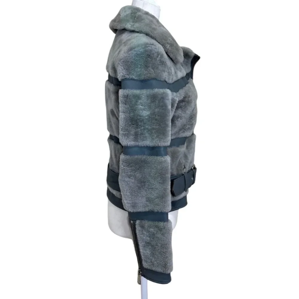 Reiss Ellie Anthracite Leather Shearling Jacket Belt Zipper Detail Gray Size XS - Picture 2 of 8